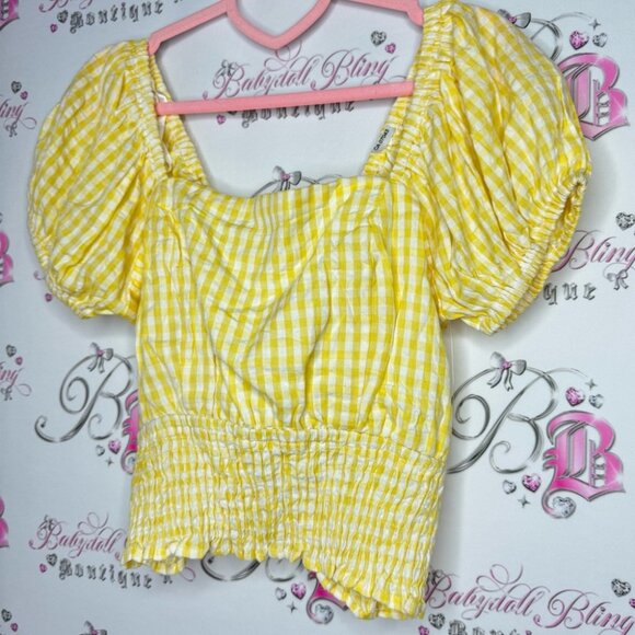Sim & Sam top milkmaid gingham picnic yellow white tie up corset back stretchy - Picture 3 of 9